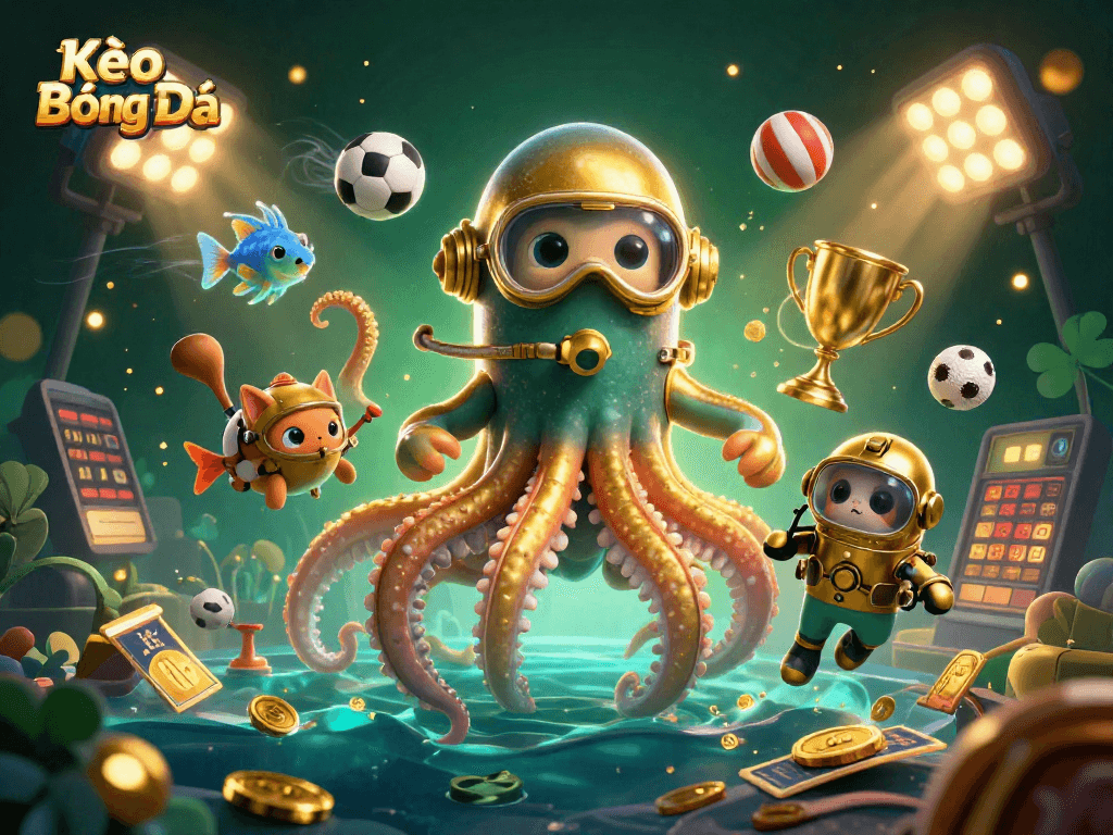 Kèo Bóng Đá highlights thrilling sports betting action with a vibrant kraken and diving cat in a treasure sea.
