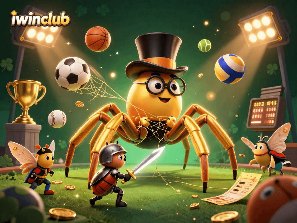 iwinclub showcases an exciting sports betting scene with a golden tarantula, knight beetle, and dynamic game elements.