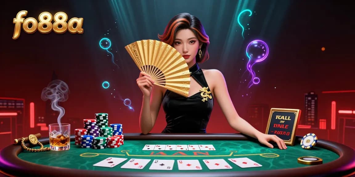 Experience high-stakes poker with fo88a as a captivating Asian woman elegantly holds a fan over her face.