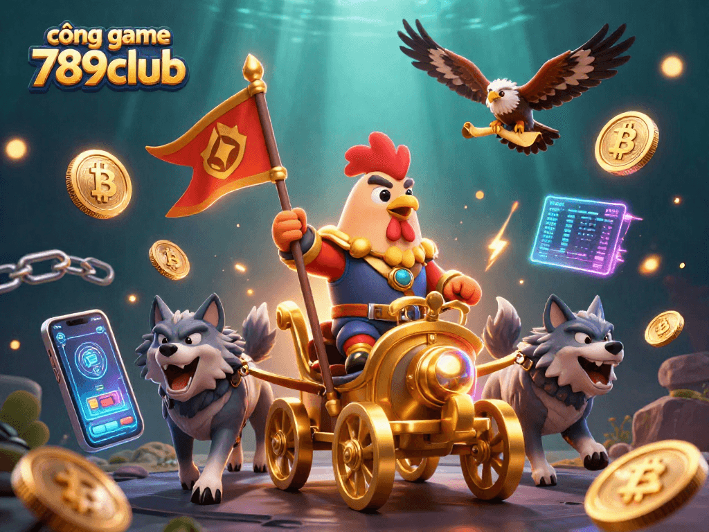 Experience the excitement of cổng game 789club through iconic characters and elements in this vibrant 3D casino illustration.