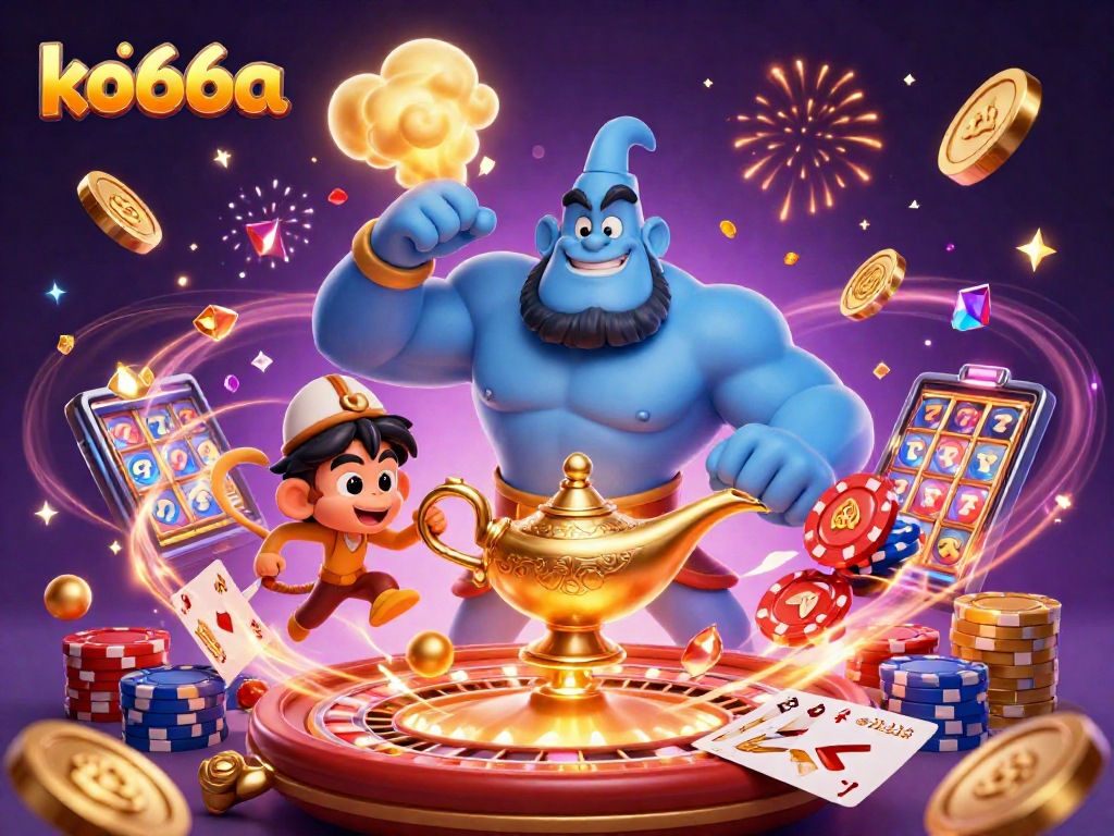 Win big at ko66a with a vibrant casino scene featuring a genie, poker chips, and golden treasures.