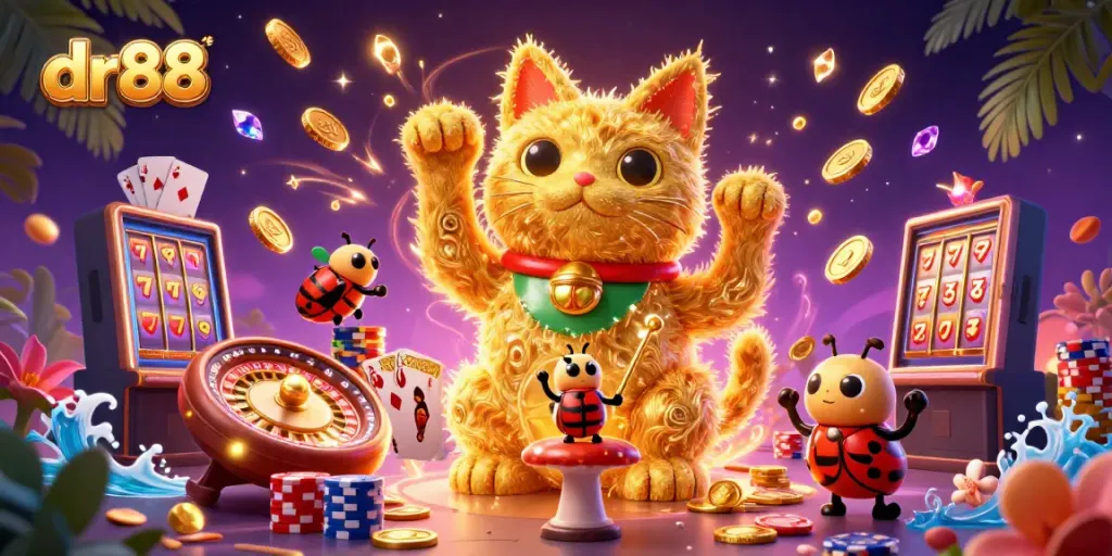 Experience the excitement of dr88 casino with golden fireflies forming a lucky cat surrounded by thrilling gaming elements.