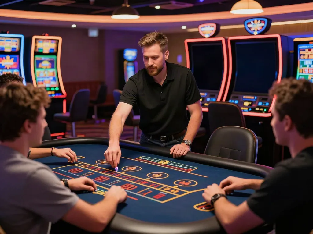 Exciting casino atmosphere at nbet.page with engaging dealer and colorful gaming tables.