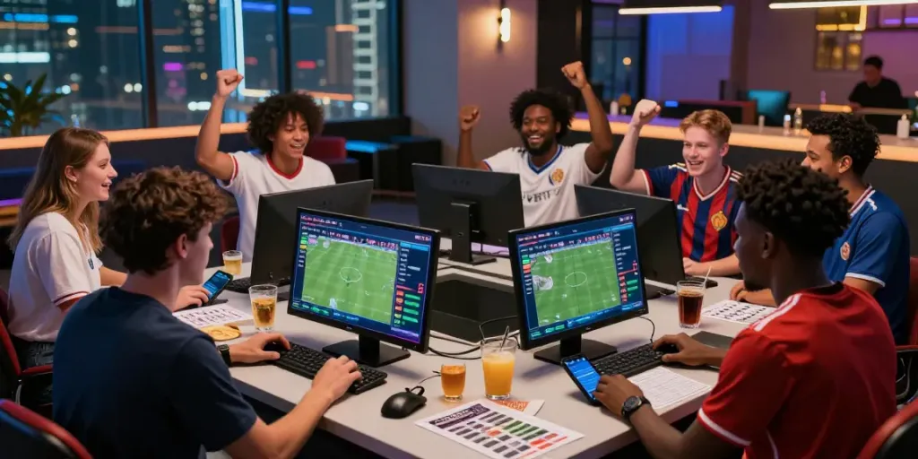 Exciting online betting scene at https://zbet.cymru/ with friends engaging over sports games and digital interfaces.