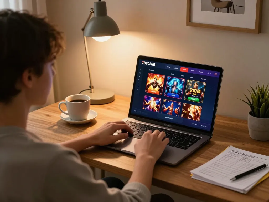 Engaged player strategizing with 789CLUB interface visible on laptop in cozy home setting.