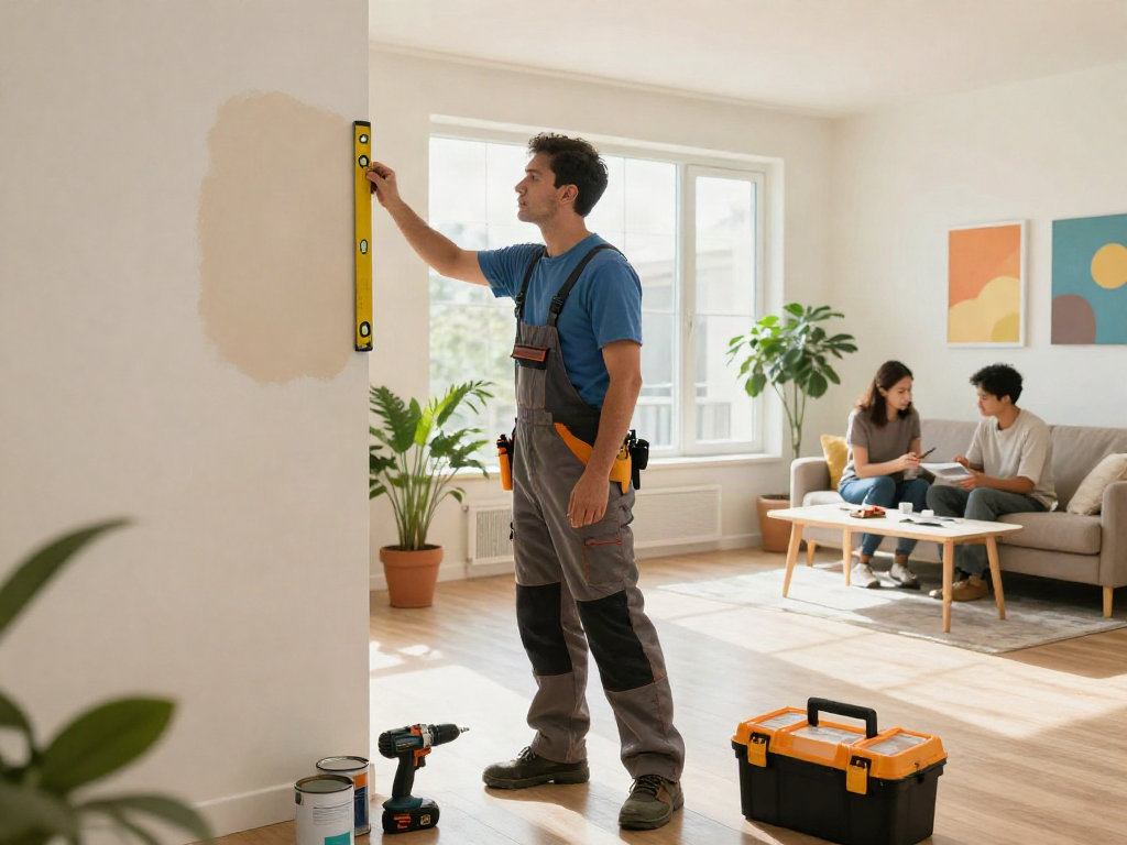 Professional home repair services Des Moines Iowa contractor inspecting wall with tools in modern living room.