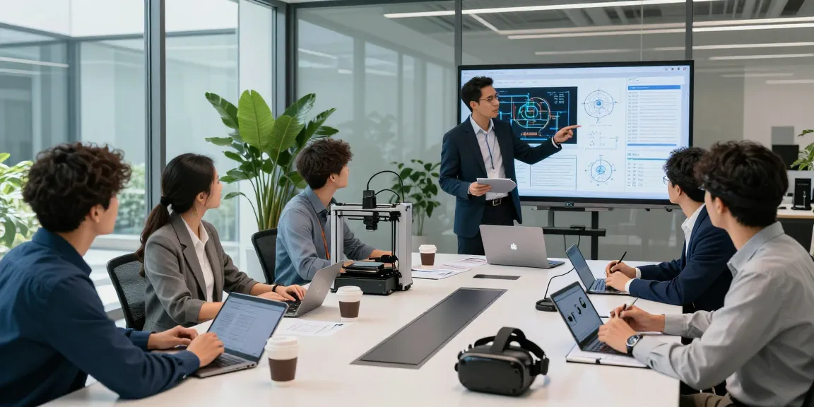Team collaborating using expert tools in a modern workspace, showcasing innovation and collaboration.
