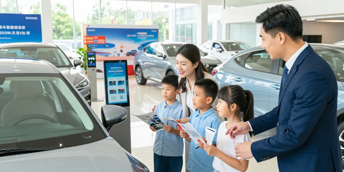 Family exploring options from the best auto warranty companies at a dealership.