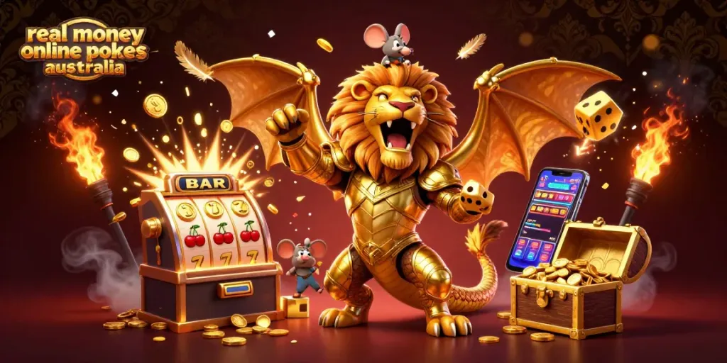 Experience the excitement of real money online pokies Australia with vibrant golden imagery and flourishing symbols.