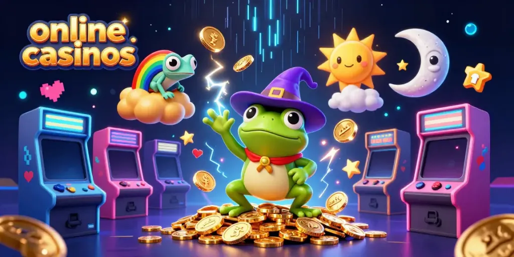 Experience a magical scene of online casinos with whimsical characters and golden coins