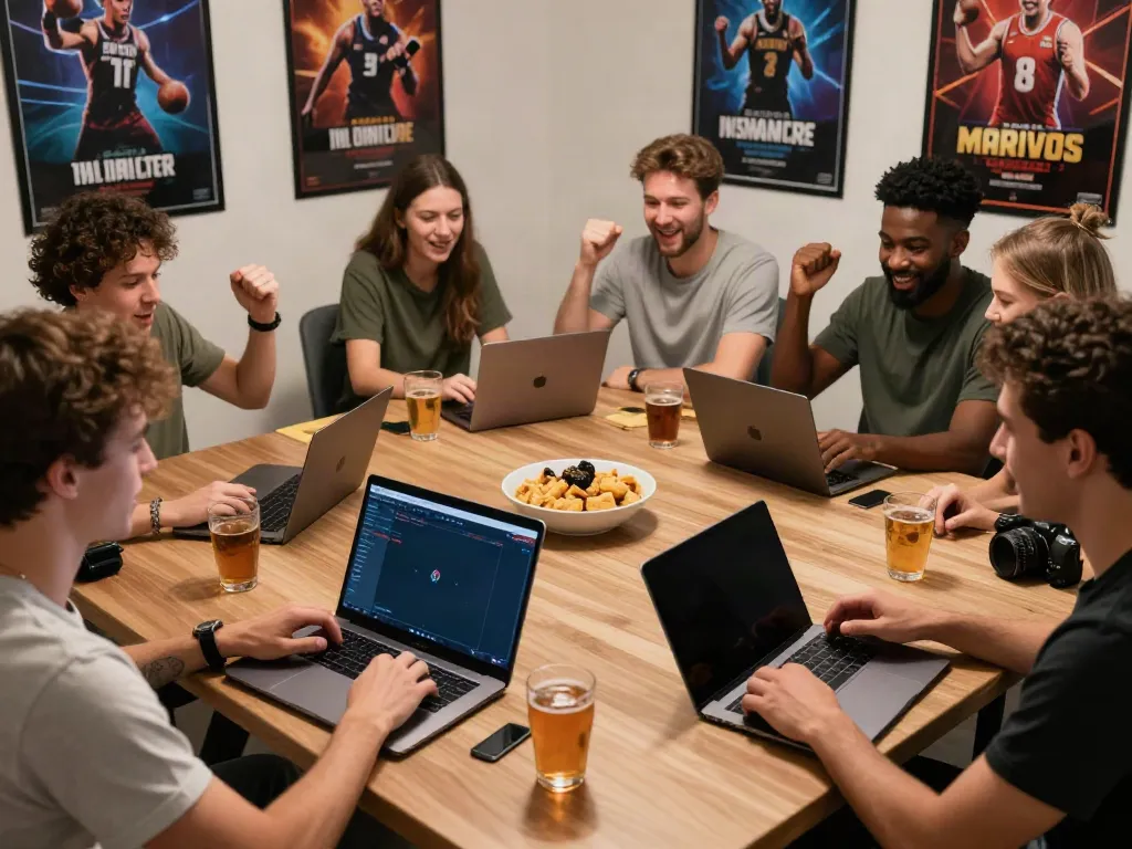 Friends enjoying online gaming experience on trang chủ da88 with laptops and smartphones.