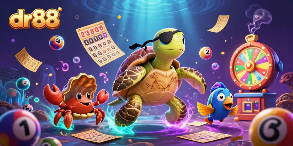 Engage in the thrilling world of dr88 with a vibrant lottery scene featuring a turtle and treasure.