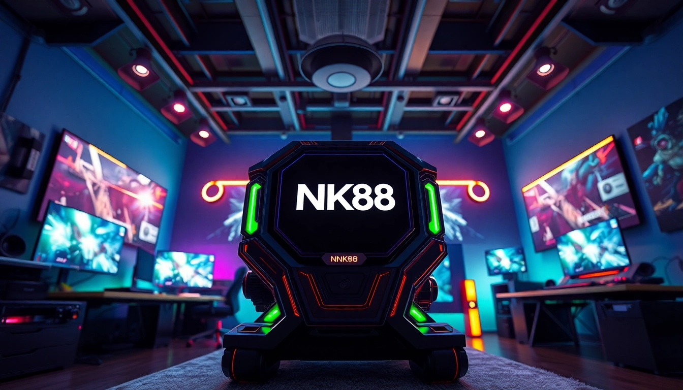 NK88 gaming engine showcased in a high-tech gaming studio with vibrant colors and modern design elements.