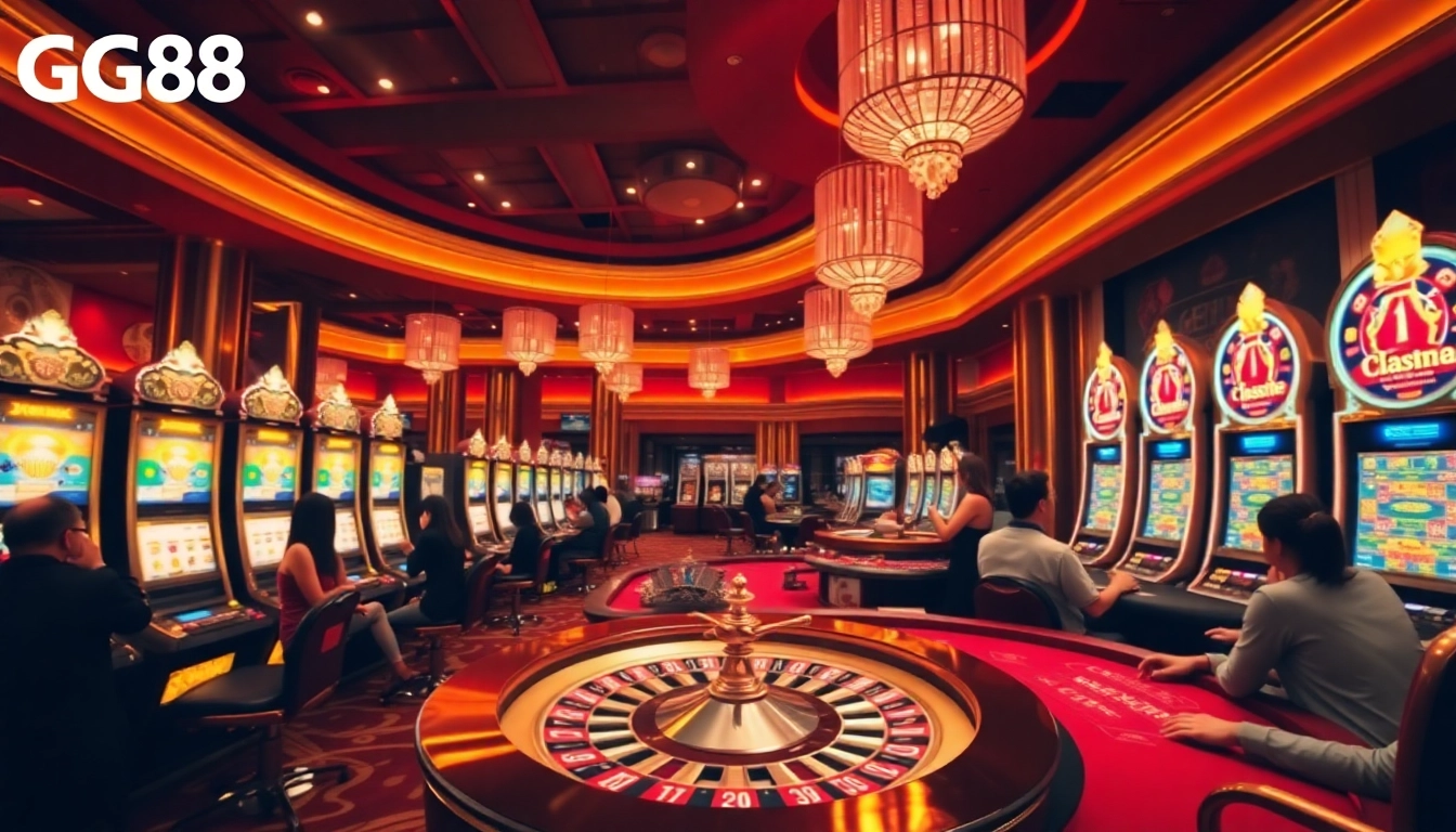 Experience high-stakes excitement at GG88's luxurious casino, showcasing slot machines and roulette tables.
