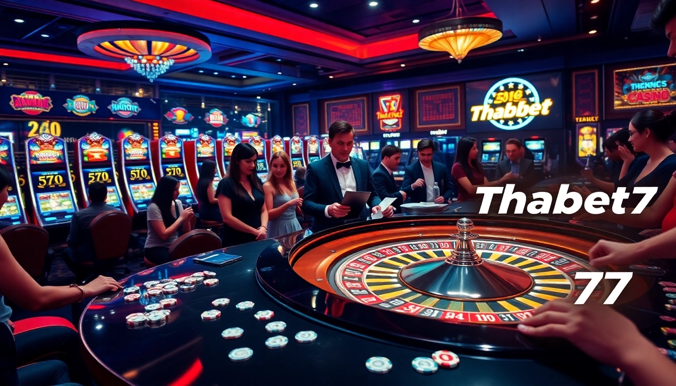 Action-packed gaming scene at Thabet77 Casino with roulette and slot machines.