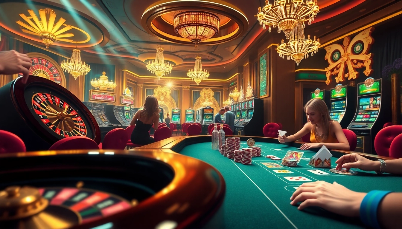Exciting casino gaming experience at https://oxbet.giving/ with roulette wheels, slot machines, and poker tables.