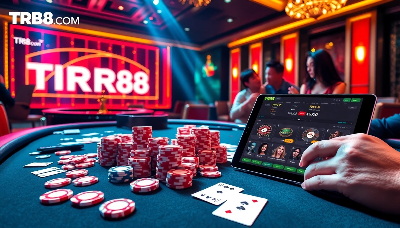 Engage in thrilling gameplay at TR88.com with vibrant poker chips and an exciting roulette wheel.