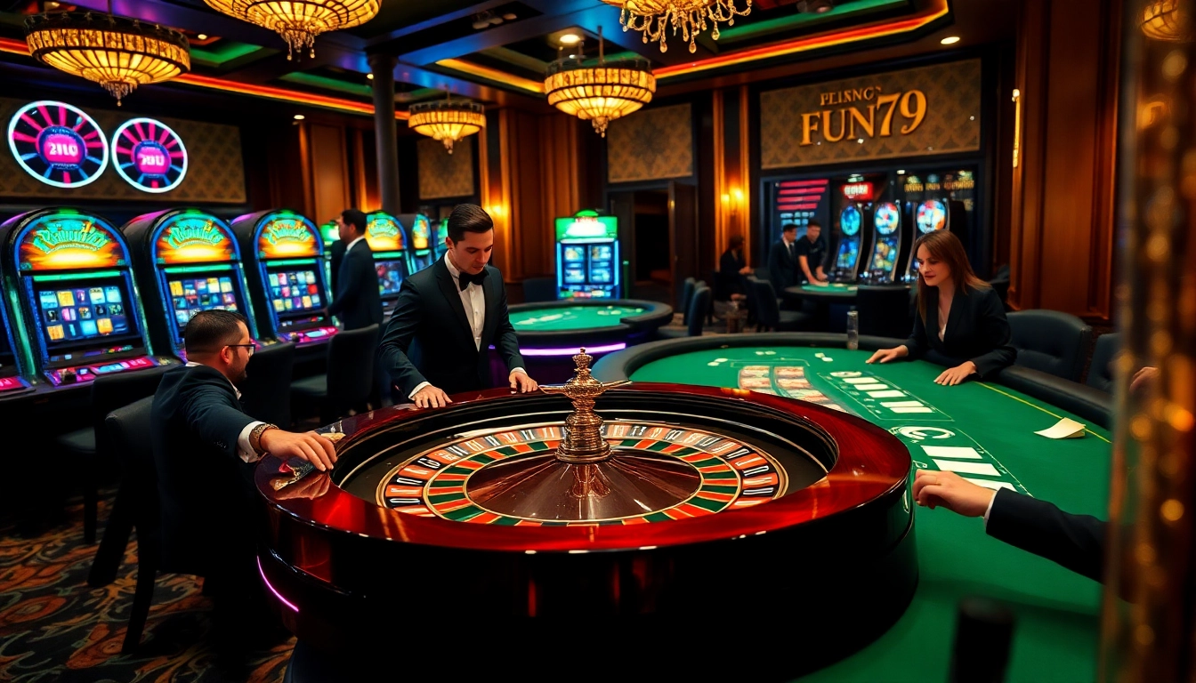 Enjoying the thrill of FUN79 at a luxurious casino with poker tables and roulette wheels.