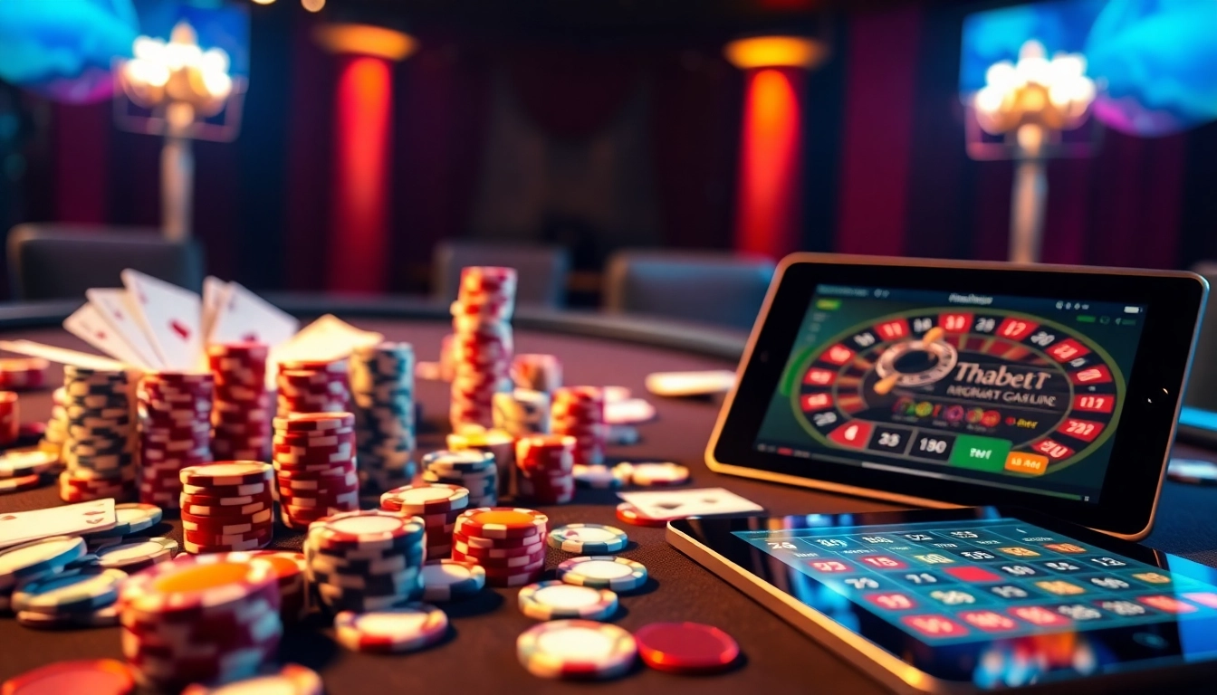 Thabet casino table with cards, chips, and a roulette wheel, embodying excitement in gambling.