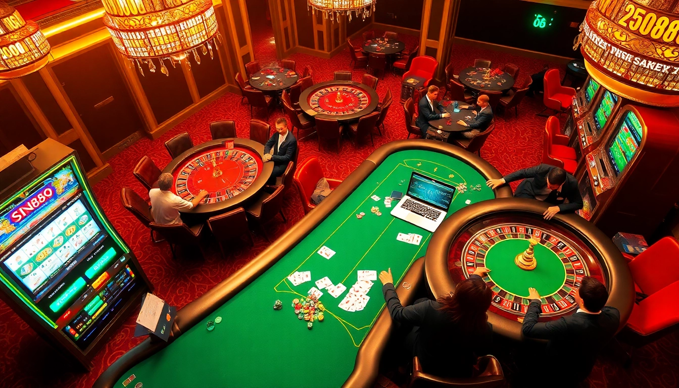 The thrilling ambiance of high-stakes gambling at https://sin88.app/ featuring vibrant casino tables and engaged players.