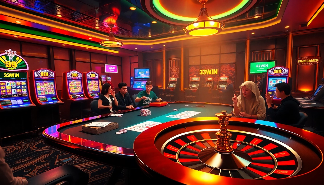 Experience the excitement of 33WIN with vibrant slot machines and poker players showcasing high-stakes gambling.