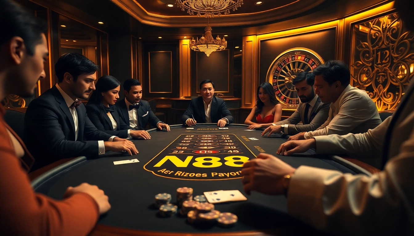 Players at an NK88-themed poker table enhance their gaming experience with polished chips and cards.