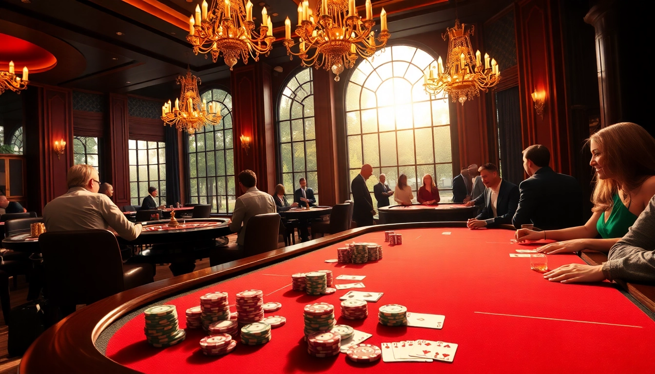 Players enjoying a thrilling poker game at https://hb88hz.club/, showcasing an array of colorful poker chips and cards.