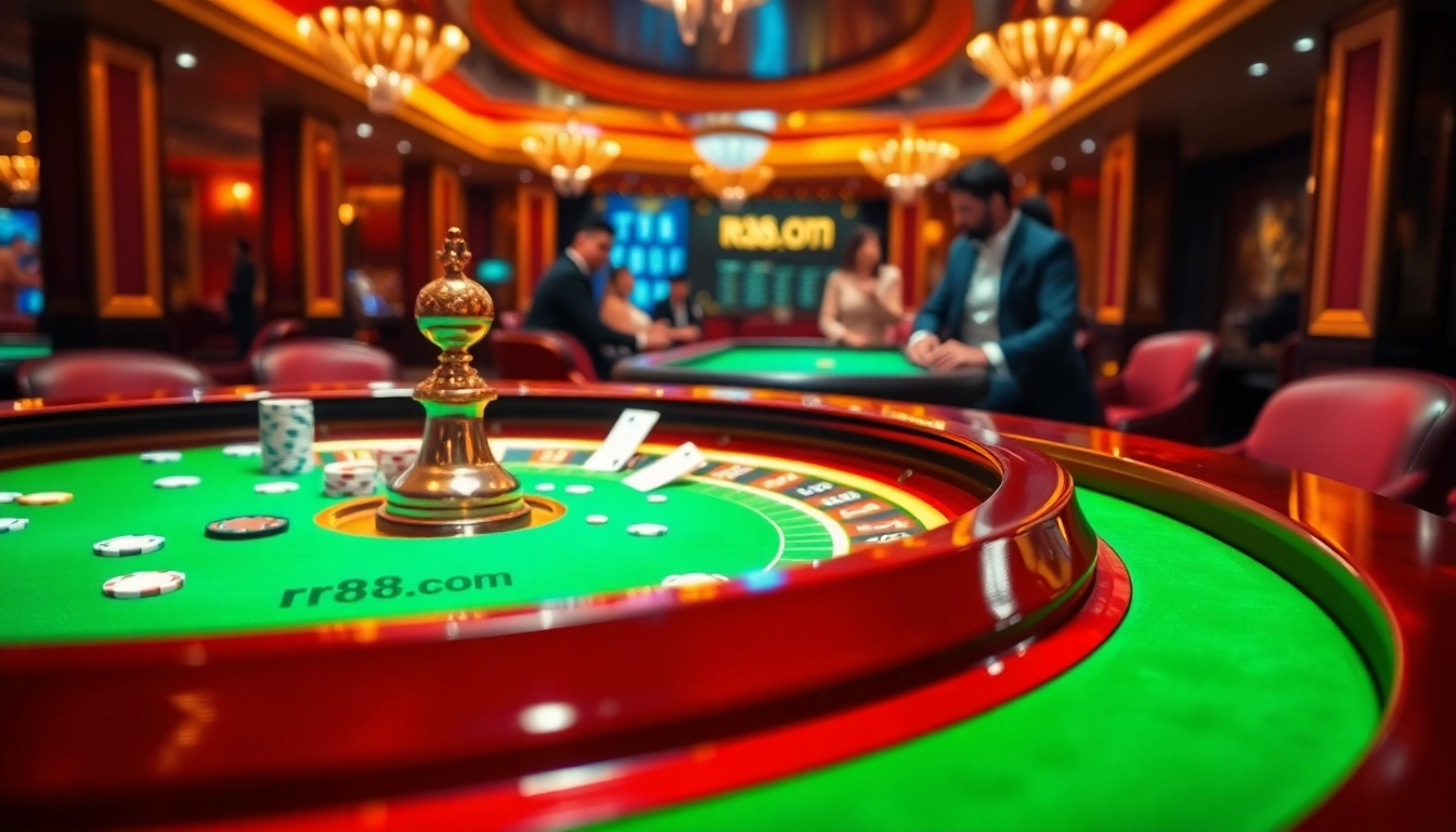 A vibrant roulette table scene showcasing rr88.com with players in an elegant casino atmosphere.