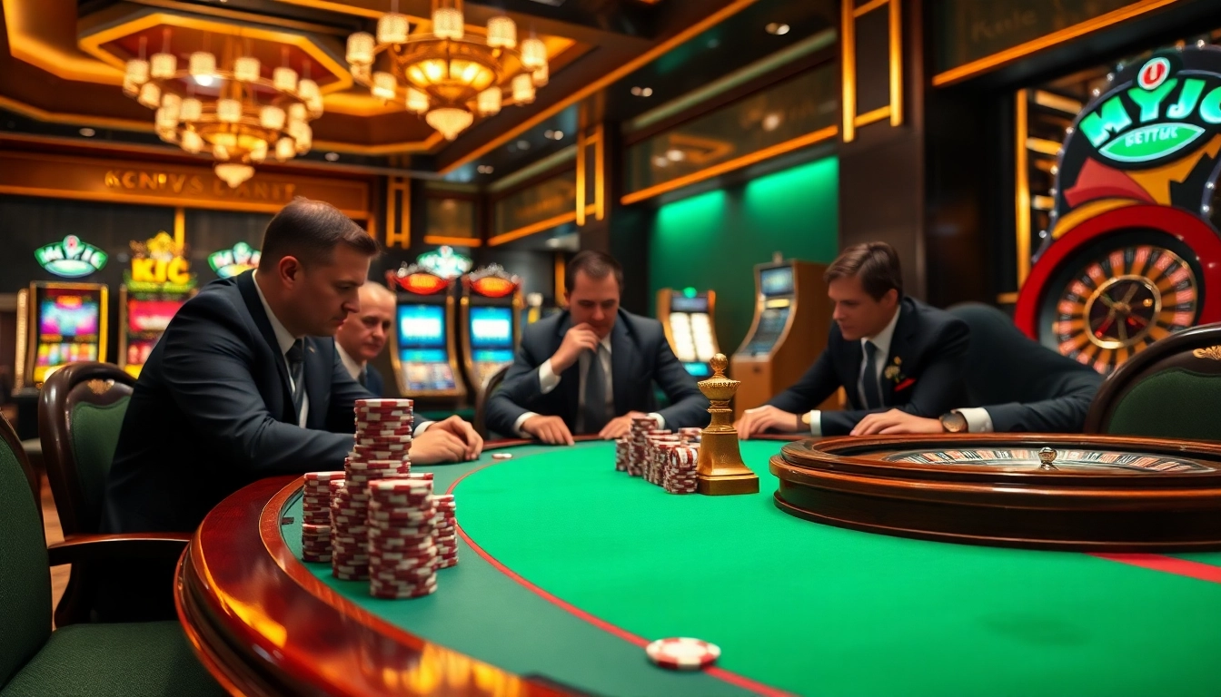 KJC poker table with chips and an exciting casino atmosphere showcasing strategic gambling.