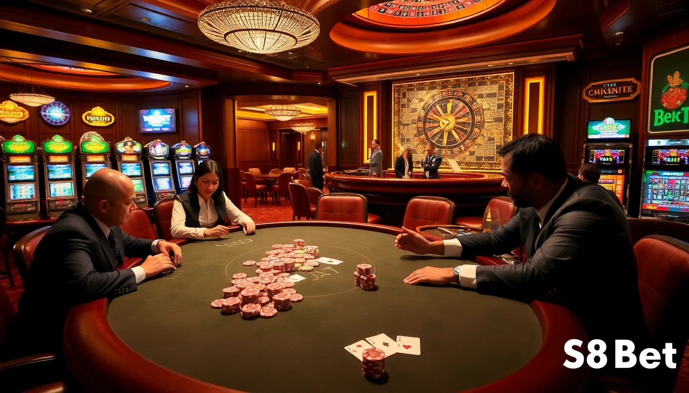 S8 Bet players strategizing at a poker table with vibrant casino details and thrilling atmosphere.