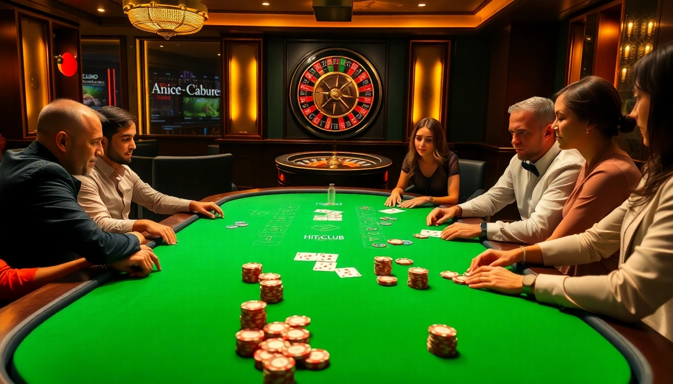 Hit Club players enjoy a high-stakes poker game, showcasing excitement and professionalism in a luxurious casino setting.
