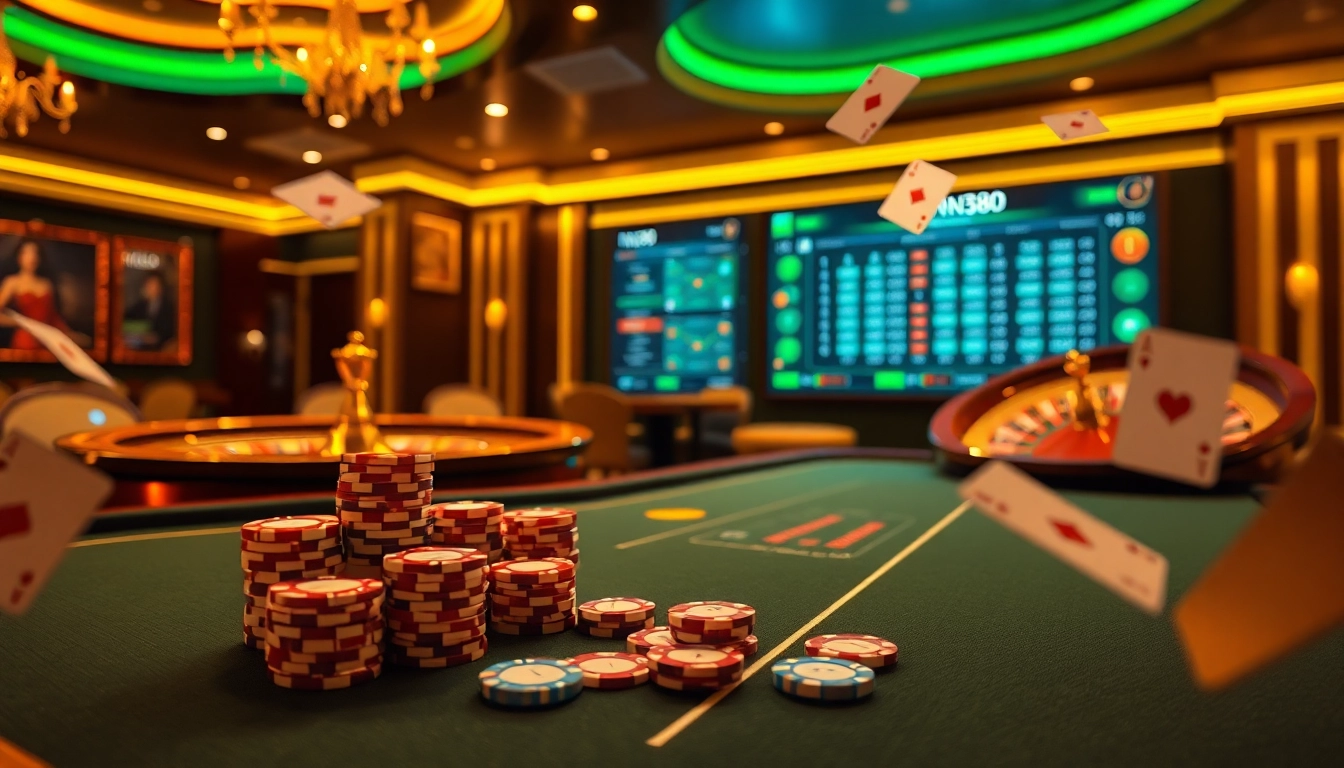 Join the thrill at nn88 đăng ký with a luxurious casino scene featuring poker chips and roulette.
