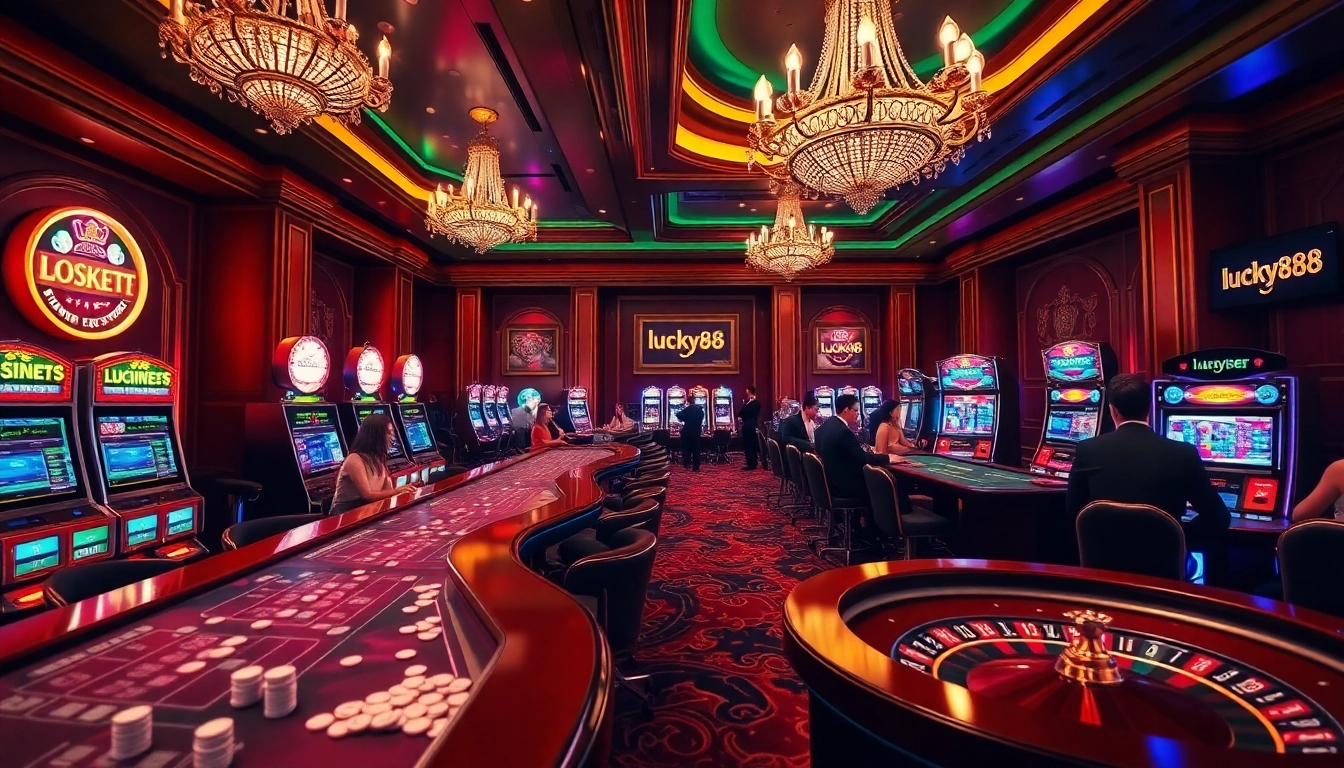 Players engaging in exciting high-stakes games at lucky88's luxurious casino interior.