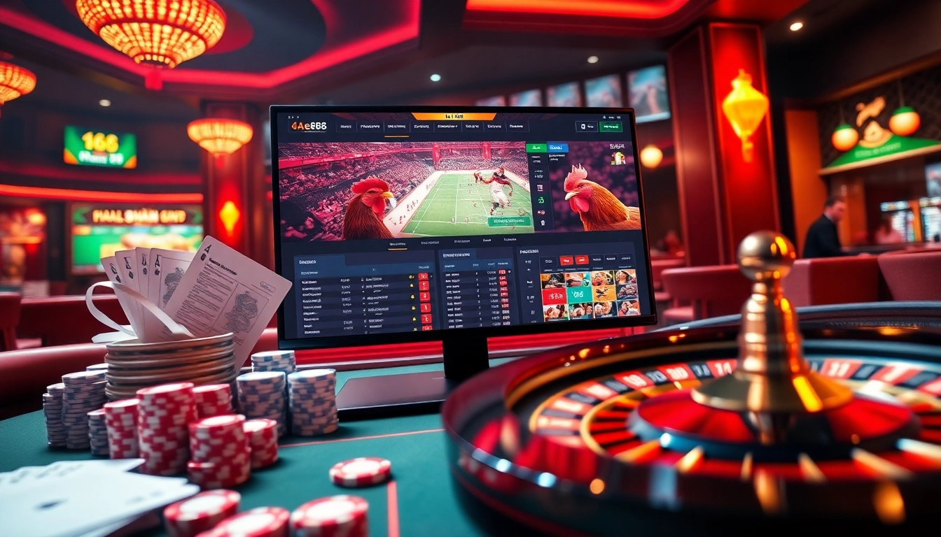 Engage in the exhilarating world of đá gà ee88 with live betting visuals, showcasing intense matches and vibrant gambling elements.