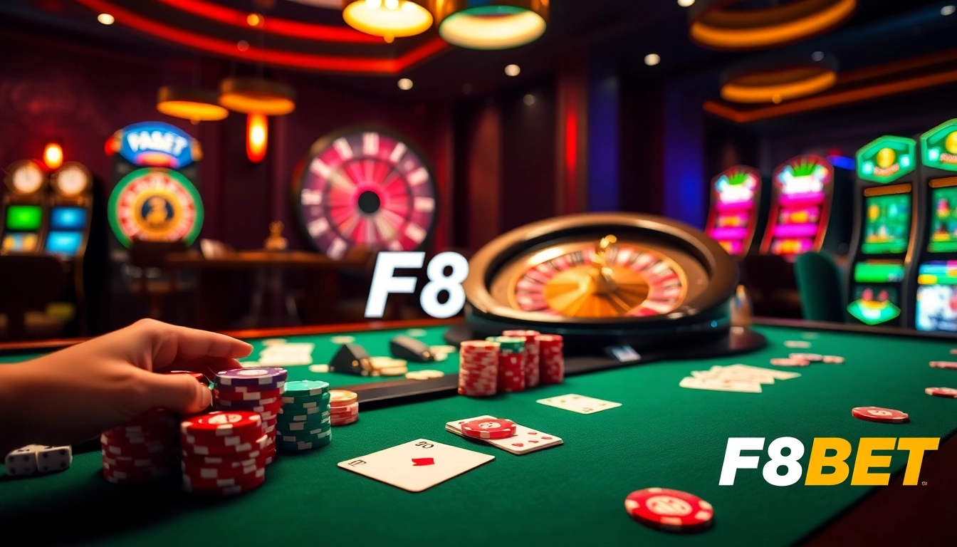 Exciting casino action at F8BET with poker chips and roulette, capturing the thrill of gambling.