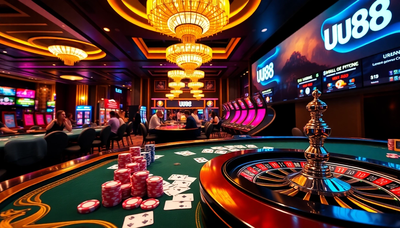 Experience the excitement of gambling with uu88 at a vibrant casino table filled with colorful poker chips.