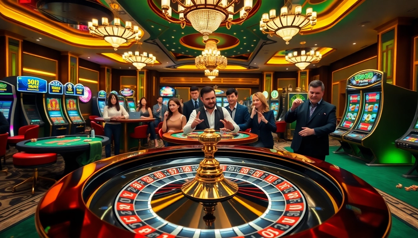 Excited players engaging in games at a casino, featuring link 888VND in an upscale setting.