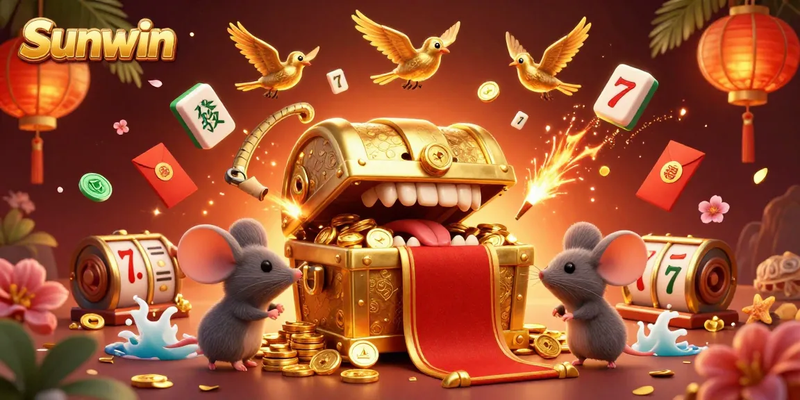 Engage in winning strategies at Sunwin with colorful casino elements and treasure illustrations.