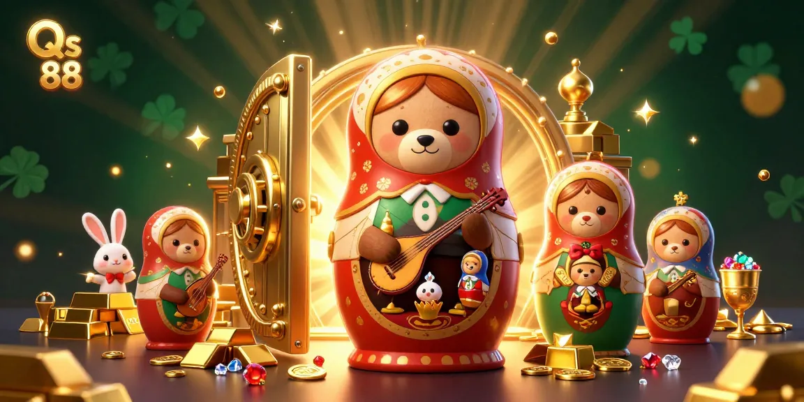 Engage with Qs 88's lively animated scene showcasing a festive casino atmosphere with colorful characters and gleaming treasures.