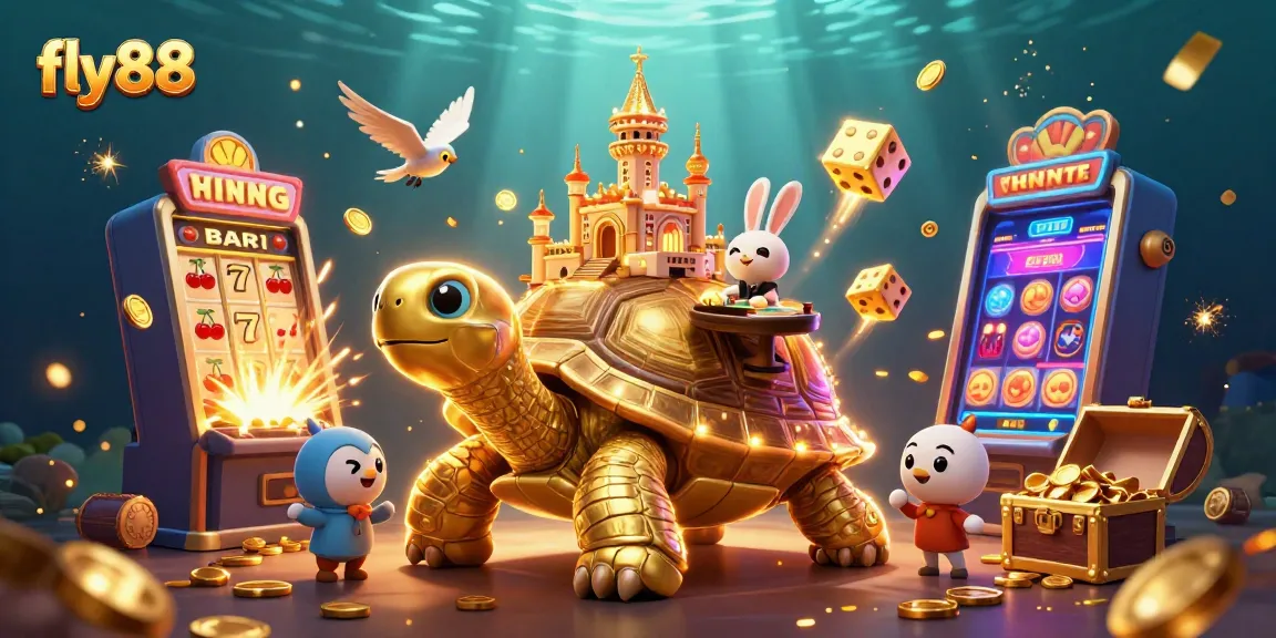 Experience the fun of fly88 with a vibrant casino scene featuring a golden tortoise and a rabbit dealer.