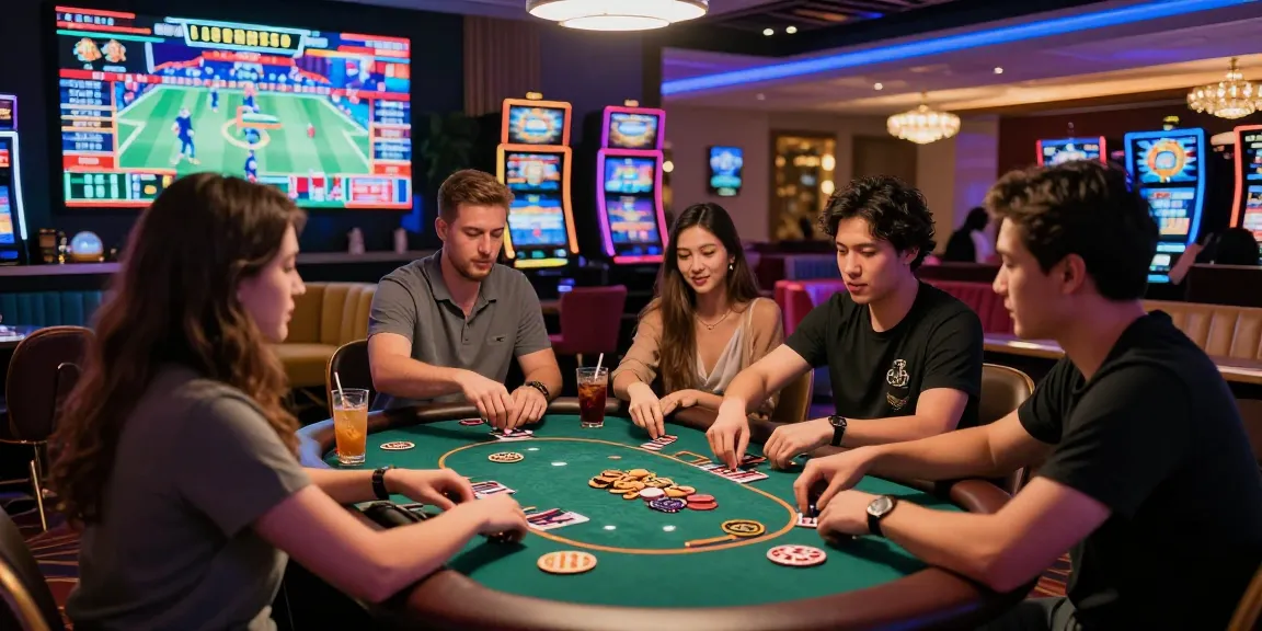 Exciting gambling atmosphere at https://proplay88.uk.com/ with friends enjoying casino games, vibrant decorations, and lively ambiance.