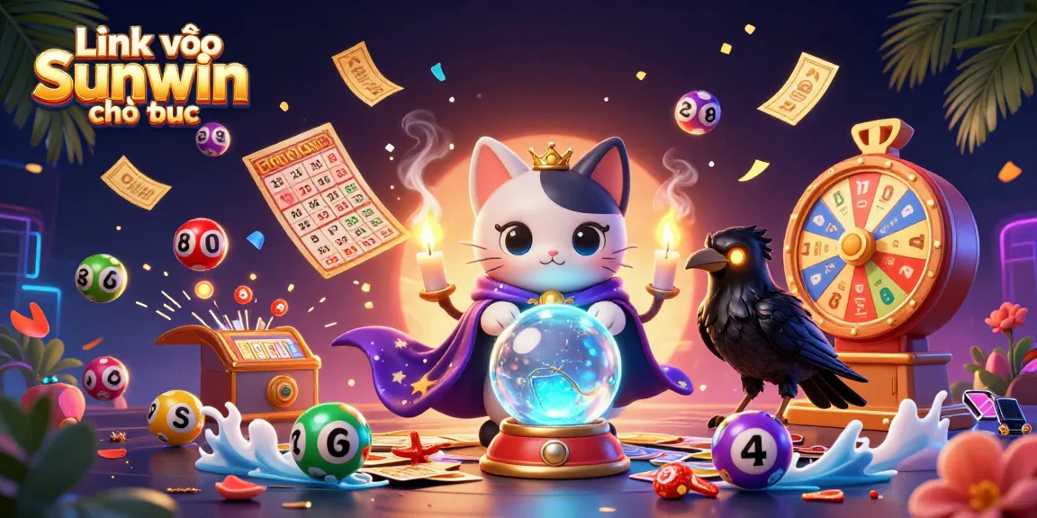 Experience the excitement of Link vào Sunwin chính thức with a mystical cat, tarot raven, and vibrant game elements.