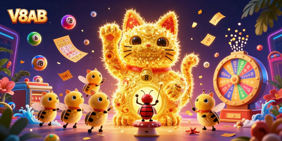 Experience thrilling gaming with V8AB's dynamic golden lucky cat illustration showcasing casino excitement.