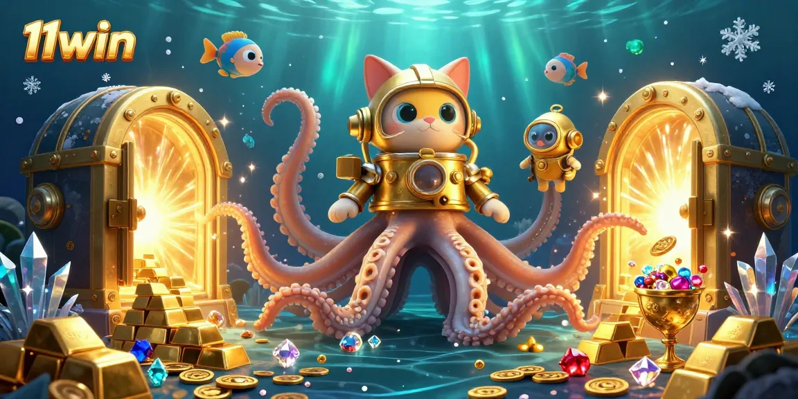 Immerse in the fantastical world of 11win with a kraken and a diving cat among hidden treasures.
