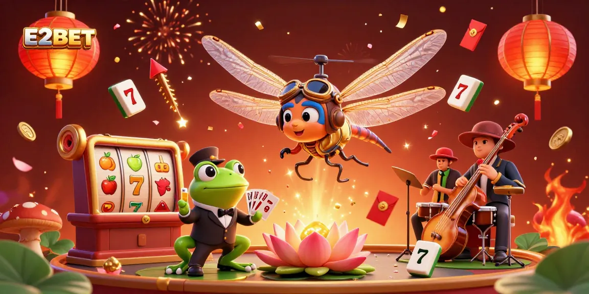 E2BET slots scene featuring a helicopter dragonfly pilot, frog dealer, and jazz-playing crickets.