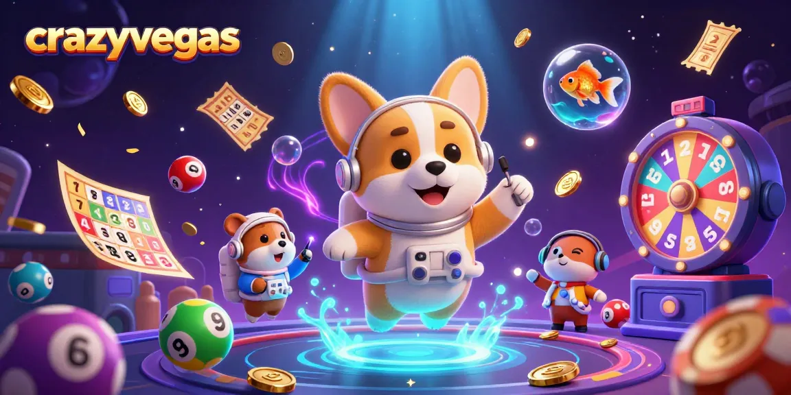 Experience high-stakes action at crazyvegas with cartoon characters in a cosmic casino, lottery, and prize elements.
